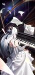  1girl absurdres black_horns blue_archive demon_horns dress grand_piano grey_hair highres horns instrument kayoko_(blue_archive) korean_commentary long_hair long_sleeves ly_7317 music piano piano_keys playing_instrument playing_piano red_eyes sheet_music solo white_dress 