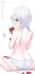  1girl ass back bug butterfly feet flower fuji_sakura grey_panties highres holding holding_flower long_hair looking_at_viewer looking_back original panties petals profile red_eyes red_flower red_rose rose rose_petals sitting soles solo toes underwear wariza white_background white_hair 