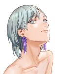  1boy adam&#039;s_apple androgynous character_request closed_mouth collarbone earrings flower flower_earrings grey_eyes jewelry kabe_piko looking_at_viewer nude portrait sideways_glance simple_background smile solo uniteup! white_background wisteria 