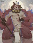  1boy abs animal_ears ass_visible_through_thighs bara barus_(baruswolf) beard body_markings commission completely_nude erection facial_hair full_beard full_body furry furry_male girthy_penis halo_behind_head highres horns kuji-in large_pectorals male_focus mature_male mismatched_animal_ear_colors monk multiple_tails munax_od muscular muscular_male navel nipples nude orange_fur original pectorals penis penis_markings precum precum_drip solo stomach strongman_waist sun_symbol tail thick_eyebrows thick_thighs thighs uncensored wolf_boy wolf_ears wolf_tail 