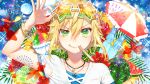  all_male animal blonde_hair close drink fish flowers food fruit green_eyes kuronohana male necklace nijisanji short_hair sunflower sunglasses swim_ring umbrella uzuki_kou water watermelon wristwear 