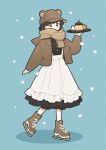  1girl animal_hat apron aqua_background baseball_cap bear_hat black_dress black_eyes black_hair blush brown_footwear brown_headwear brown_jacket brown_scarf cherry commentary_request covered_mouth crop_top cropped_jacket dress food frilled_apron frills fruit full_body hand_up hat high-waist_dress highres holding holding_plate ice_skates jacket long_sleeves looking_at_viewer maid_apron nahara_saki open_clothes open_jacket orange_(fruit) original plate pudding scarf short_hair simple_background skates solo standing white_apron 