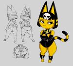 :&lt; absurd_res animal_crossing ankh ankha_(animal_crossing) ankle_cuffs anthro armwear belt black_hair bob_cut breasts butt clothing crossed_arms cuff_(restraint) digital_media_(artwork) domestic_cat egyptian_clothing elbow_gloves felid feline felis front_and_back front_view gloves goth guillion hair handwear hi_res kalasiris lidded_eyes looking_aside mammal markings medium_breasts multiple_angles multiple_poses narrowed_eyes nintendo pose rear_view restraints skull_accessory solo striped_markings striped_tail stripes tail tail_markings thick_thighs usekh yellow_body