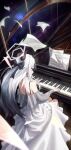  1girl absurdres black_horns blue_archive demon_horns dress grand_piano grey_hair grey_halo halo highres horns instrument kayoko_(blue_archive) korean_commentary long_hair long_sleeves ly_7317 music piano piano_keys playing_instrument playing_piano red_eyes revision sheet_music solo white_dress 