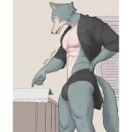abs anthro beastars bulge canid canine canis dialogue diko_artz gesture hand_on_back legoshi_(beastars) male mammal muscular muscular_male muscular_thighs pecs pointing prostate_exam reading solo talking_to_viewer wolf