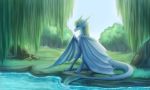  2018 blonde_hair blue_skin detailed_background digital_media_(artwork) dragon female feral grass hair horn membranous_wings scalie sitting smile solo water western_dragon wings wrappedvi 