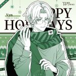  1boy character_name copyright_name glasses green_background green_theme hand_up long_sleeves looking_at_viewer male_focus official_art outline parted_bangs parted_lips scarf shirt smile solo tears_of_themis thick_eyebrows vyn_richter_(tears_of_themis) white_outline 