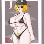 1:1 adoniasfra anthro areola armpit_hair big_breasts bikini black_bikini black_clothing black_eyes black_swimwear blonde_hair blonde_pubes blush bodily_fluids body_hair breasts carrot_(one_piece) chest_tuft clothing eyelashes female grey_background grey_clothing grey_hat grey_headwear hair hat headgear headwear hi_res huge_breasts lagomorph leporid looking_at_viewer mammal minkmen_(one_piece) navel nipple_outline one_piece pink_areola pube_peek pubes rabbit short_hair simple_background solo sweat sweatdrop swimwear thick_thighs tuft white_background wide_hips