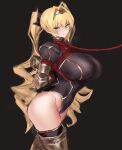  1girl arms_behind_back bdsm black_background black_leotard blonde_hair bondage boots bound breasts captured covered_nipples hair_intakes hairband highres large_breasts leash leotard long_hair original red_rope rope sketch thigh_boots twintails yagi_764364 