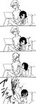  1girl comic computer kill_la_kill laptop matoi_ryuuko mikisugi_aikurou monochrome soda soda_can spraying translation_request younger 