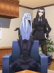  2girls animated animated_gif black_hair breasts business_suit chuunibyou dullahan glasses headless lala_(monster_musume) large_breasts long_hair monster_girl monster_musume_no_iru_nichijou ms._smith multiple_girls sitting smile standing thighhighs white_hair 