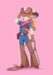  1girl adjusting_clothes adjusting_headwear belt blonde_hair chaps cowboy_hat cowgirl_(western) cowgirl_peach eyelashes fake_horns gloves hat highres horned_headwear horns lasso looking_at_viewer mario_(series) official_alternate_costume pink_background ponytail princess_peach princess_peach:_showtime! saiwo_(saiwoproject) scarf simple_background solo 
