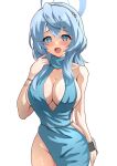  1girl ako_(blue_archive) ako_(dress)_(blue_archive) bare_shoulders blue_archive blue_dress blue_eyes blue_hair breasts cleavage cleavage_cutout clothing_cutout collarbone cowboy_shot dress groin halo halter_dress halterneck highres large_breasts long_hair looking_at_viewer mussyu_danachan no_panties open_mouth simple_background solo white_background 