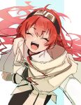  1girl ahoge amagai_hosina black_pants blush cloak eris_greyrat feet_out_of_frame hair_between_eyes hairband hood hooded_cloak jacket long_hair mushoku_tensei open_mouth pants red_hair simple_background smile solo upper_body very_long_hair white_cloak white_jacket 