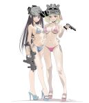  2girls arm_around_back assault_rifle bare_legs bare_shoulders bikini blonde_hair blue_bikini blue_footwear breasts breasts_apart brown_hair clenched_teeth full_body grin gun handgun helmet high_heels highres inoue_takina kriss_vector long_hair looking_at_viewer lycoris_recoil m1911 medium_breasts multiple_girls navel night_vision_device nishikigi_chisato pink_bikini pink_footwear platform_footwear platform_heels purple_eyes red_eyes rifle sandals short_hair side-tie_bikini_bottom simple_background smile string_bikini submachine_gun swimsuit tada_(tactical_tada) teeth toes weapon white_background 