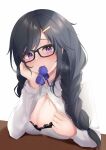  1girl absurdres black_bra black_hair blush bow bowtie bowtie_in_mouth bra bra_peek braid breast_rest breasts cleavage commission elegant_(sumisumi4268) glasses hair_ornament hairclip hand_on_own_cheek hand_on_own_face highres large_breasts long_hair original partially_unbuttoned purple_eyes school_uniform shirt solo sweat underwear unworn_bowtie white_shirt 