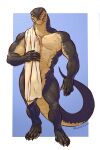 2024 5_fingers anthro banana_da_boi biped claws digital_drawing_(artwork) digital_media_(artwork) finger_claws fingers full-length_portrait hi_res looking_at_viewer male multicolored_body muscular muscular_anthro muscular_male nude pecs portrait reptile scalie simple_background snake solo standing tail toe_claws towel two_tone_body