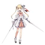  1girl absurdres blonde_hair bow breasts brown_eyes character_request closed_mouth collar detached_sleeves dress dress_bow dual_wielding footwear_bow full_body gloves hair_bow highres holding holding_sword holding_weapon long_hair looking_at_viewer mikisai omoi_no_kasanaru_rakuen_no_senjou._soshite_futari_wa_buki_wo_totta orange_bow platform_footwear pleated_skirt pleated_sleeves scrunchie simple_background skirt small_breasts smile socks solo standing strapless strapless_dress sword tachi-e twintails weapon white_background white_bow white_collar white_gloves white_skirt white_sleeves white_socks wrist_scrunchie 