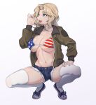  1girl american_flag_bikini bikini blonde_hair blue_eyes breasts cleavage collarbone covered_nipples cutoffs denim denim_shorts fellatio_gesture flag_print forehead full_body girls_und_panzer hair_intakes highres huaronanago jacket kay_(girls_und_panzer) large_breasts linea_alba long_hair navel open_clothes open_jacket open_mouth parted_hair sexually_suggestive shoes short_shorts shorts simple_background skindentation smile sneakers solo squatting swimsuit thighhighs tongue tongue_out underboob white_background white_thighhighs 