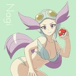  &gt;:) adapted_costume bare_arms bare_shoulders bent_over bikini blue_bikini blue_helmet breasts character_name cleavage closed_mouth collarbone floating_hair forehead goggles goggles_on_headwear gym_leader hand_on_thigh helmet highres holding holding_poke_ball leaning_forward long_hair looking_at_viewer low_ponytail medium_breasts nagi_(pokemon) nakaba navel poke_ball poke_ball_(generic) pokemon pokemon_(game) pokemon_oras purple_eyes purple_hair smile solo standing swimsuit tsurime v-shaped_eyebrows very_long_hair winged_helmet wings 