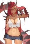  abs absurdres breasts claws cleavage crop_top cutoff_jeans cutoffs denim denim_shorts dragon_girl emilia_cruz_(katoopotato) highres large_breasts original pplord red_hair shorts smirk spines yellow_eyes 