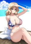  1girl american_flag_bikini beach beach_towel bikini blonde_hair blue_eyes blue_sky breasts bukkuri cleavage closed_mouth cloud cloudy_sky day flag_print girls_und_panzer hair_intakes kay_(girls_und_panzer) knee_up large_breasts lighthouse long_hair looking_at_viewer navel ocean shading_eyes sitting sky smile solo stomach swimsuit towel 