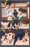  1boy 2girls absurdres architecture black_hair blurry blurry_background breasts brother_and_sister brown_eyes carmine_(pokemon) clothes_pull commentary east_asian_architecture english_text fellatio ffm_threesome foreskin greatm8 group_sex hairband highres incest indoors jitome juliana_(pokemon) kieran_(pokemon) looking_at_viewer multicolored_hair multiple_girls nipples oral pants pants_pull photoshop_(medium) pokemon pokemon_sv purple_hair shirt shouji siblings sliding_doors small_breasts threesome two-tone_hair white_pants white_shirt yellow_eyes yellow_hairband 