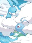  ^_^ absurdres antenna_hair bird closed_eyes cloud commentary dated day evolutionary_line fluffy flying highres open_mouth outdoors pokemon ramen_(ramenbutleaf) signature smile swablu web_address 