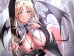  1girl :p bent_over black_dress blonde_hair blush breasts church cleavage cross cross_necklace demon demon_girl demon_tail demon_wings dress green_eyes hanging_breasts highres indoors jewelry kamatsuka large_breasts licking_lips long_hair looking_at_viewer necklace nipples non-web_source nun original sidelocks solo tail thighhighs tongue tongue_out white_thighhighs wings 