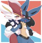 2019 absurd_res anthro arm_grab black_body black_inner_ear blue_ears blush bodily_fluids chest_spike cinderace duo fur fur_tuft generation_4_pokemon generation_8_pokemon hi_res looking_at_another lucario navel nintendo open_mouth pink_tongue pokemon pokemon_(species) pupils red_eyes spikes spikes_(anatomy) sweat sweatdrop syuya tail tongue tuft white_body white_ears white_fur white_pupils white_tail yellow_body yellow_fur