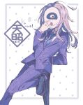 1boy absurdres ahoge arm_behind_back blonde_hair blue_necktie collared_shirt covered_face foot_out_of_frame hand_up happy_birthday highres holding holding_mask hwr33m jacket long_hair long_sleeves makoto_kagutsuchi male_focus mask master_detective_archives:_rain_code necktie purple_jacket shirt shoes smile solo standing standing_on_one_leg suit white_shirt 