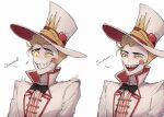  1boy blonde_hair demon_boy grin hazbin_hotel highres kajina_97 looking_to_the_side lucifer_(hazbin_hotel) sharp_teeth smile suit sweatdrop teeth white_headwear 