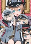  1girl anchor_hair_ornament aqua_eyes bismarck_(kancolle) black_skirt blonde_hair commentary_request dakimakura_(object) gloves grey_headwear grey_jacket hair_ornament hat highres indoors jacket kantai_collection low_twintails military_hat military_uniform miniskirt open_mouth peaked_cap pillow pleated_skirt prinz_eugen_(kancolle) shamomo skirt smile solo tongue twintails uniform white_gloves yuri 