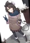  1girl ;q absurdres beanie black_footwear black_hair black_headwear black_horns black_pantyhose blue_gloves blue_scarf boots brown_coat coat coffee_cup cup demon_girl demon_horns disposable_cup fur-trimmed_boots fur_trim gloves hat highres horns indie_virtual_youtuber long_hair one_eye_closed pantyhose scarf solo steam tongue tongue_out two-tone_headwear unethical_(vtuber) v valefal_coneri virtual_youtuber white_headwear 