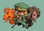  1boy 1girl adjusting_clothes adjusting_headwear arm_up belt black_belt blue_background chibi collared_shirt green_jacket green_pants harpoon heathcliff_(project_moon) highres holding holding_weapon ishmael_(project_moon) jacket limbus_company long_hair long_sleeves open_mouth orange_hair pants peg_leg project_moon purple_eyes shan23852196 shirt simple_background very_long_hair wavy_hair weapon white_shirt yellow_eyes 