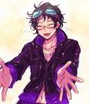  1boy black_hair chiimako closed_eyes glasses gnosia goggles green_hair happy jacket jewelry long_sleeves multicolored_hair necklace sha-ming shirt short_hair smile solo two-tone_hair upper_body zipper 