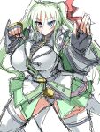  1girl breasts einhard_stratos fighting_stance fingerless_gloves gloves green_hair hair_ribbon hebi_(rarata6o) heterochromia large_breasts long_hair looking_at_viewer lyrical_nanoha mahou_shoujo_lyrical_nanoha_vivid red_ribbon ribbon sketch solo thighs twintails 