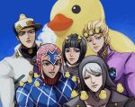  5boys absurdres aqua_eyes argyle argyle_sweater arrow_(symbol) black_eyes black_hair black_headwear black_sclera blonde_hair blue_eyes blue_sky blue_sweater bob_cut bruno_bucciarati cloud coat colored_sclera day genkentsubasa giorno_giovanna grey_hair guido_mista hat highres jacket jojo_no_kimyou_na_bouken kujo_jotaro ladybug_ornament male_focus multiple_boys outdoors pink_jacket red_eyes red_headwear risotto_nero rubber_duck sky sweater vento_aureo white_coat white_headwear 