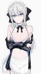  1girl absurdres alternate_costume apron artoria_pendragon_(alter_swimsuit_rider)_(fate) artoria_pendragon_(alter_swimsuit_rider)_(fate)_(cosplay) artoria_pendragon_(alter_swimsuit_rider)_(second_ascension)_(fate) artoria_pendragon_(fate) bikini black_bikini blue_eyes breasts bridal_garter choker cosplay cowboy_shot crossed_arms enmaided fate/grand_order fate_(series) frilled_bikini frilled_choker frills grey_hair highres hood hoodie large_breasts long_hair looking_at_viewer maid maid_bikini maid_headdress mati5572 morgan_le_fay_(fate) open_clothes open_hoodie ponytail simple_background solo swimsuit unconventional_maid very_long_hair waist_apron white_background 