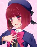 1girl :d akane_sora129 arima_kana beret blue_headwear blue_jacket blunt_bangs blush bob_cut bow collared_shirt commentary_request commission fangs hand_on_own_chest hand_up happy hat highres jacket looking_at_viewer open_mouth oshi_no_ko pink_background pink_bow red_eyes red_hair shirt short_hair simple_background skeb_commission smile solo star_(symbol) teeth upper_body upper_teeth_only white_shirt 