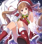  absurdres boots brown_hair gloves hat highres kukiha long_hair looking_at_viewer open_mouth original red_eyes red_footwear red_gloves red_hat sack santa_boots santa_costume santa_gloves santa_hat snow solo star twintails 