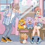  1boy 2girls adjusting_eyewear aqua_eyes bag bird blue_footwear bright_pupils carrying casual collared_shirt cup denim denim_shorts disposable_cup dog doughnut drooling eating ellee-chan food frown green_eyes grey_pants grey_shorts hair_bun half-closed_eyes handbag highres hirogaru_sky!_precure holding holding_cup holding_food in-franchise_crossover inukai_komugi_(dog) light_brown_hair long_sleeves looking_at_another mirage_pen multiple_girls nijigaoka_mashiro no_socks on_bench open_clothes open_mouth open_shirt orange_footwear pants pink_hair pink_shirt plaid plaid_shirt precure purple_hair red-framed_eyewear rimless_eyewear shirt shoes short_hair short_shorts shorts single_hair_bun sitting smile sneakers standing striped_clothes striped_shirt t-shirt ton_(ton39342104) toyama_satoru twitter_username two_side_up white_pupils white_shirt wonderful_precure! yuunagi_tsubasa_(bird) 