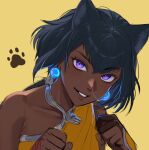  1girl animal_ears bare_shoulders black_hair blue_eyes cat_ears cat_girl clenched_hands collarbone dress earrings grin hands_up highres jewelry kemonomimi_mode league_of_legends nilah_(league_of_legends) nose_piercing nyaamen_fork orange_dress piercing smile solo teeth 