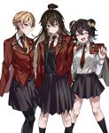  3girls :3 black_skirt black_socks black_sweater_vest blush brown_hair cecil_(project_moon) closed_eyes collared_shirt double_bun hair_bun highres jacket library_of_ruina long_hair low_ponytail medium_hair mei_(library_of_ruina) mu46016419 multiple_girls necktie open_mouth pleated_skirt project_moon red_jacket red_necktie shirt sidelocks simple_background skirt smile socks sweater_vest very_long_hair white_background white_shirt xiao_(project_moon) 