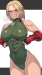  1girl abs blue_eyes blush breasts cammy_white choker elbow_gloves frown gauntlets gloves highres large_breasts leotard muscular muscular_female scar scar_on_face solo soolee040995 street_fighter thick_thighs thighs toned 