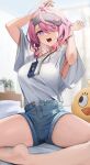  1girl absurdres aoi_13 arms_up barefoot blue_shorts blush breasts cassette_tape commentary_request day eye_mask hair_ornament hair_over_one_eye highres large_breasts looking_at_viewer medium_hair one_eye_closed open_mouth pink_hair purple_eyes shirt shirt_tucked_in short_shorts short_sleeves shorts sitting solo taoqi_(wuthering_waves) teeth thighs upper_teeth_only white_shirt wuthering_waves 