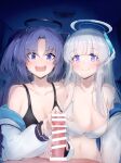  1boy 2girls bar_censor black_bra blue_archive blush bra breasts censored collarbone commentary_request grey_hair halo highres indoors jacket large_breasts long_hair long_sleeves looking_at_viewer mechanical_halo multiple_girls nakatokung navel noa_(blue_archive) open_clothes open_jacket open_mouth penis purple_eyes purple_hair two_side_up underwear white_bra white_jacket yuuka_(blue_archive) 