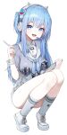  1girl absurdres animal_ear_headphones animal_ears blue_eyes blue_hair blue_neckerchief cross-laced_footwear fake_animal_ears full_body gnns goddess_of_victory:_nikke grey_shirt grey_skirt grey_socks headphones high-waist_skirt highres holding holding_stylus holding_tablet_pc light_blue_hair looking_at_viewer neckerchief open_mouth shifty_(nikke) shirt short_sidetail skirt sleeves_rolled_up smile socks solo squatting stylus tablet_pc thighs tiptoes white_footwear white_headphones white_wrist_cuffs wrist_cuffs 