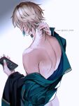  1boy aqua_shirt aventurine_(honkai:_star_rail) back blonde_hair cellphone earrings holding honkai:_star_rail honkai_(series) jacket jewelry male_focus neck_tattoo np_(1231_0720) partially_undressed phone shirt short_hair simple_background smartphone solo tattoo white_background 