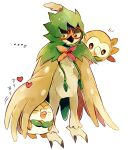  ... animal_focus bird bow bowtie bright_pupils commentary_request decidueye full_body green_bow green_bowtie heart looking_at_another no_humans notice_lines okii owl pokemon pokemon_(creature) rowlet standing under_wing white_background white_pupils yellow_eyes 